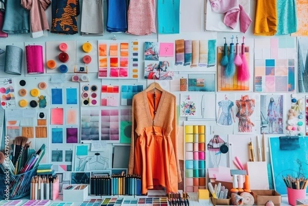 Fototapeta Top view of a fashion designers workspace with pastelcolored sketches, mood boards, flat design, isolated on white background, ample copy space