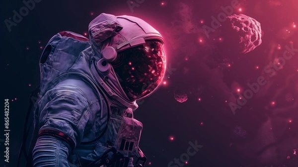 Fototapeta A mesmerizing scene of a lone astronaut surrounded by a nebula of pink and purple hues, reflecting a cosmic mystery in the helmet’s visor.