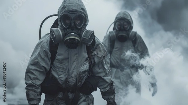 Fototapeta Two men in hazmat suits are walking through a cloud of smoke. The scene is dark and ominous, with the smoke creating an eerie atmosphere. The men are wearing gas masks