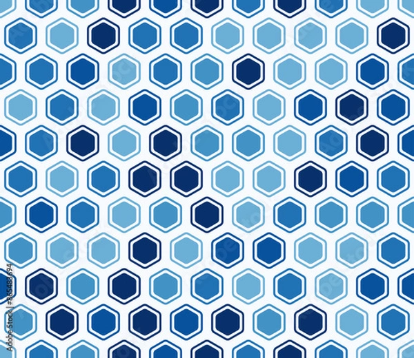 Fototapeta Honeycomb hexagons background. Bold rounded hexagons mosaic cells with padding and inner solid cells. Blue color tones. Hexagonal shapes. Seamless pattern. Tileable vector illustration.