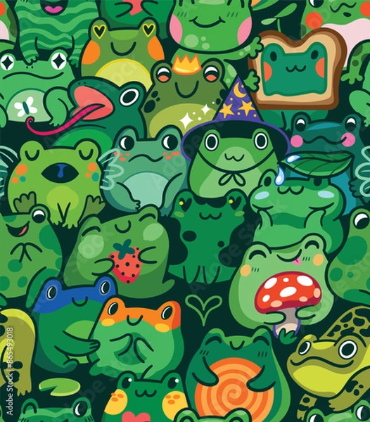 Fototapeta Seamless pattern with a lot of cute little frogs characters in kawaii style