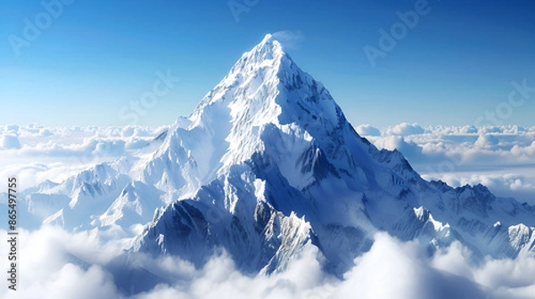 Fototapeta  majestic snowy mountain peak towering above the clouds, its pristine white slopes contrasting against the deep blue
