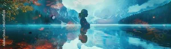 Obraz mountain landscape with a hidden lake close up, focus on, copy space, vibrant colors, Double exposure silhouette with Mermaids swimming
