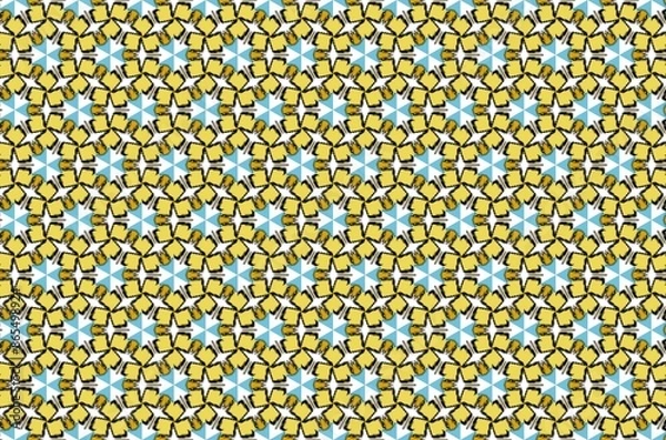 Fototapeta A pattern of yellow and blue shapes with a yellow cup in the middle