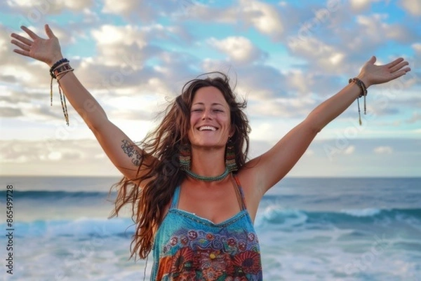Fototapeta happy hippie person with arms outstretched in the air in  doing yoga in nature on the beach by sea or ocean