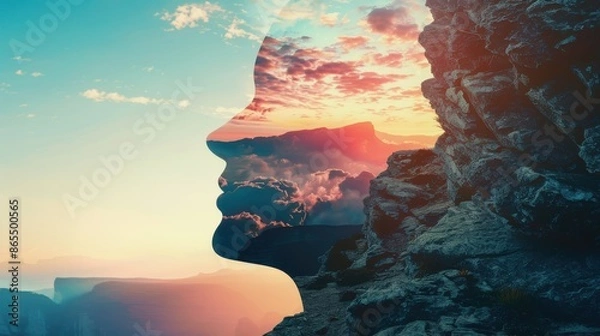 Fototapeta mountain landscape with a rocky terrain close up, focus on, copy space, vibrant colors, Double exposure silhouette with Medusa