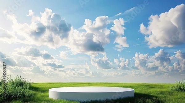 Obraz Nature background podium illustration minimal rendering White concept sky 3D grassland blue green podium dais stage grass summer field landscape blank garden cloud meadow empty spring.