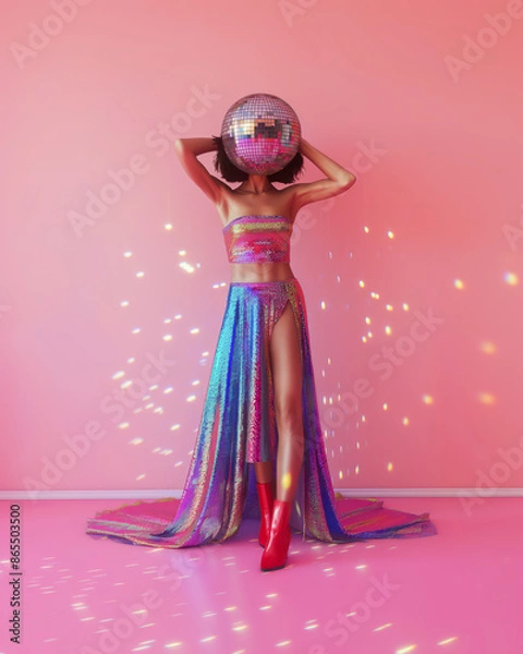 Fototapeta A surreal and creative portrait of a beautiful girl holding a disco ball in front of her face, standing against a soft pink monochromatic background, wearing a crazy disco dress made of shiny disco ba