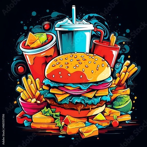 Fototapeta Burger and fries illustration with food tags