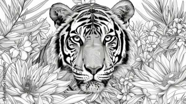 Fototapeta Embark on a coloring adventure with this intricate page featuring a majestic tiger surrounded by exotic flowers and foliage. The detailed patterns and textures offer hours of coloring fun and