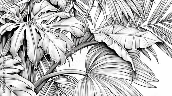 Fototapeta Dive into a world of tropical wonders with this coloring book, filled with detailed drawings of palm leaves, jungle vines, and exotic birds. Each page offers a relaxing escape into nature's beauty.