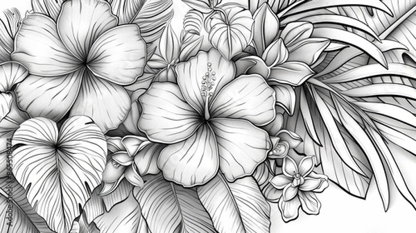Fototapeta Step into a world of tropical wonders with this coloring book, featuring intricate designs of palm leaves, tropical flowers, and lush foliage. Explore your creativity as you color these stunning