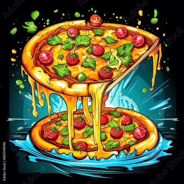 Obraz Pizza on a plate with various toppings, including cheese, tomato, pepperoni, mushrooms, and peppers, illustrated in a cartoon style