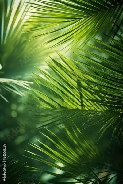 Fototapeta Sunlight and Palm Leaves Shadow on a Green Backdrop