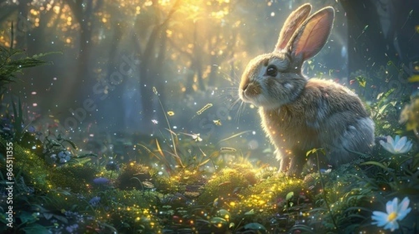 Fototapeta Dive into a world of fantasy and fun with a lovable rabbit as your companion, surrounded by enchanted forests and mystical beings, just waiting for your artistic touch.