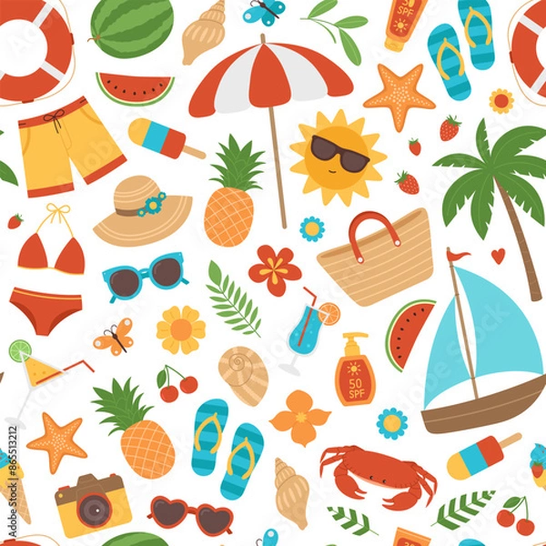 Fototapeta Seamless pattern with colorful summer elements. Beach background with swimsuits, hat, sunglasses, palm, cocktails, fruits, ice cream and other. Tropical vacation, holiday. Vector illustration