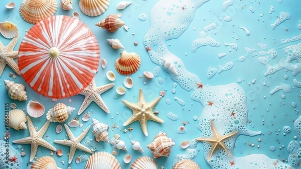 Fototapeta A breezy seaside view featuring scattered shells and starfish, a striped orange umbrella, and foamy bubbles near the water's edge, creating a refreshing atmosphere.