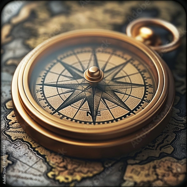 Fototapeta Copper compass on old map