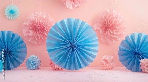 Fototapeta Design space with blue tissue paper fans on a pink backdrop