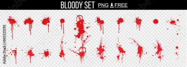 Fototapeta Set with blood stains and splashes on transparent background. Big bloody stains and marks. Dynamic blood splashes. Big set of traces of fresh blood. Realistic set of red spots