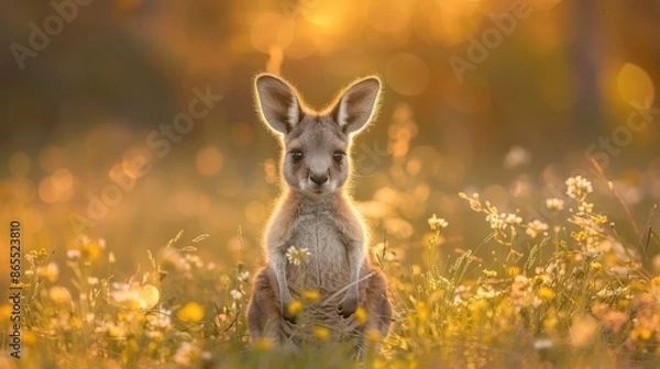 Fototapeta Image of baby kangaroo standing on grass with blurred background.