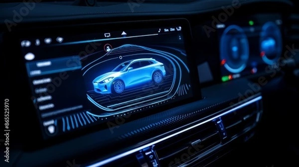 Fototapeta Modern car dashboard with digital display showing a car model.