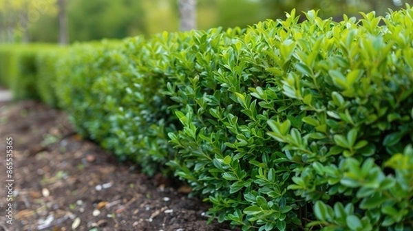 Obraz Lush green privet hedge in a well-maintained garden setting, perfect for outdoor and gardening themes