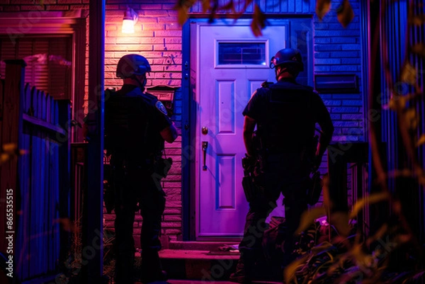 Obraz Police officers with a search warrant waiting outside of the door of a crime suspect