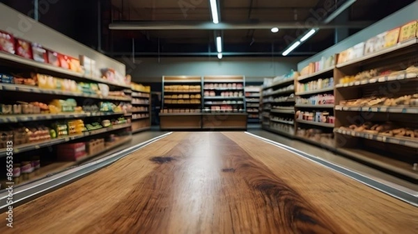Fototapeta Empty wood table top with supermarket grocery store aisle and shelves blurred background