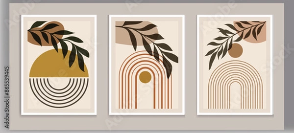 Fototapeta wall art vector set. Foliage line art drawing with abstract shape. Abstract Plant Art design for print, cover, wallpaper, Minimal and natural wall art. Vector illustration.