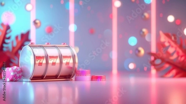 Fototapeta A stylish silver slot machine in a casino setting, with minimalist design elements and a futuristic look. The image offers ample copy space for customization, ideal for advertising casino games or