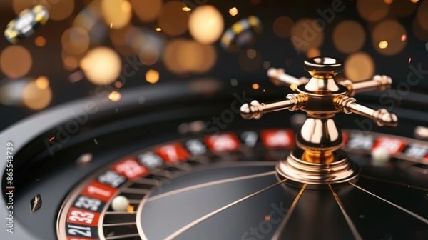 Fototapeta A stylish black roulette table in a casino, with minimalistic design and ample copy space for customization. The image evokes a sense of luxury and high stakes gambling.