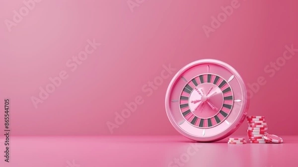 Fototapeta A sleek and contemporary casino scene with a pink theme, highlighting a roulette table. The image's minimalist design and copious copy space make it versatile for a variety of marketing purposes.