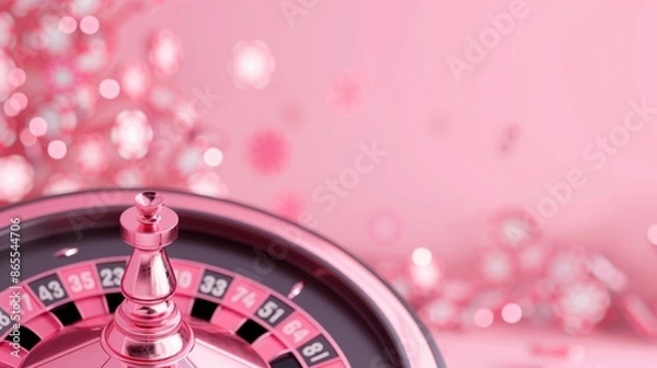 Fototapeta A modern and stylish casino interior in shades of pink, showcasing a roulette table. The minimalist design and ample copy space make this image perfect for promotional use.