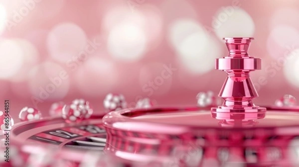 Fototapeta An elegant and modern casino setting with a pink color palette, focusing on a roulette table. The image's minimalist style and generous copy space make it adaptable for various marketing purposes.