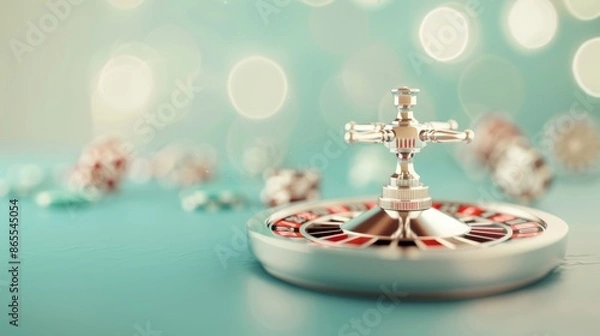 Fototapeta A minimalist composition featuring a silver roulette wheel, set against a neutral background with ample copy space. The image conveys a sense of elegance and sophistication, perfect for casino and