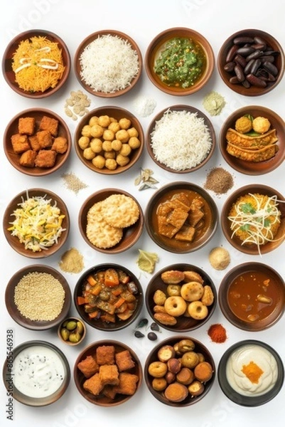 Fototapeta A variety of Indian food is displayed in bowls on a white background. The bowls are filled with different types of food, including rice, vegetables, and sauces. Scene is one of abundance and variety