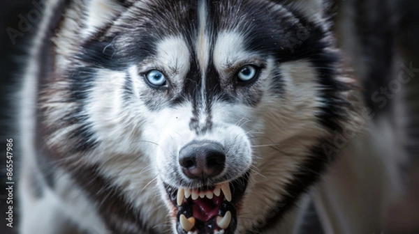 Obraz angry siberian husky dog with a blue eye and a black nose is growling