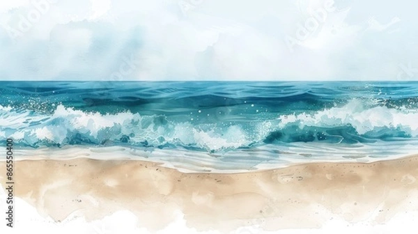 Obraz A stunning watercolor painting of ocean waves crashing onto a sandy beach, capturing the beauty and tranquility of coastal scenery.