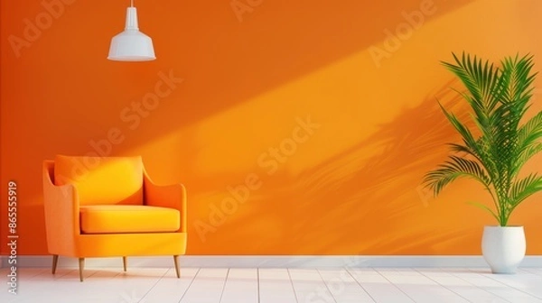 Fototapeta An elegant living room with a dominant orange palette, designed in a minimalist style. The spacious area offers abundant copy space for personalized content.