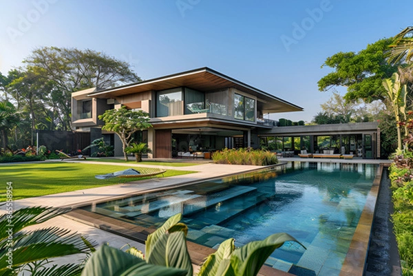 Obraz 
Nestled on a pristine shoreline, the luxury resort hotel emerges as an architectural marvel, blending modern sophistication with natural beauty.
