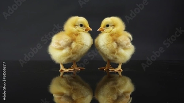 Obraz Adorable small chick standing on mirrored surface, creating a charming reflection effect