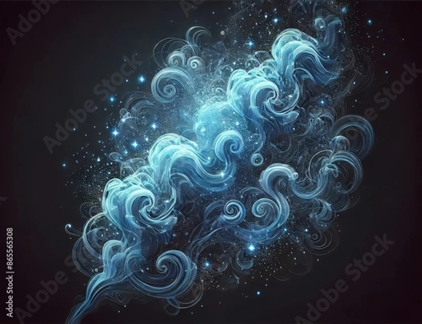 Fototapeta Blue Smoke Swirls with Sparkles on Black Background in Wide Screen