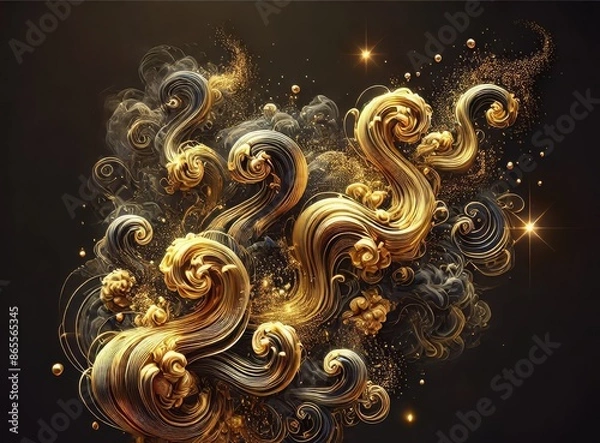 Fototapeta Golden Smoke Tendrils with Sparkles on Black Background