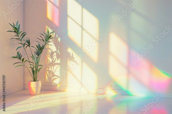 Fototapeta Soft white wall illuminated by a prism glass window, creating a dazzling spectrum of light