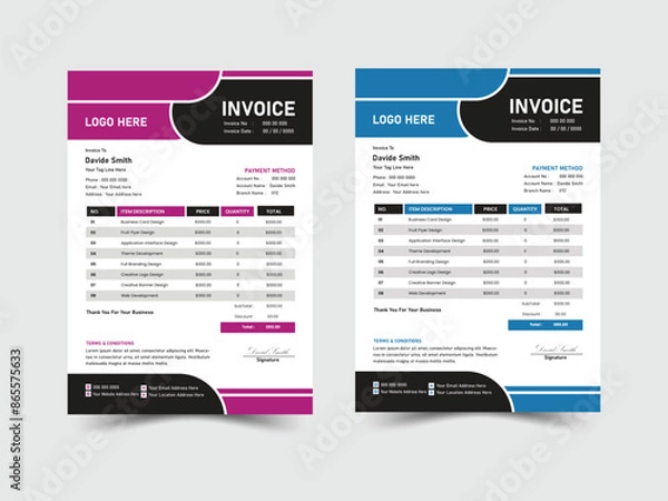 Obraz Creative Minimal Corporate Business Invoice design vector template. Business stationery design payment agreement design template. Set to print with vector & illustration.