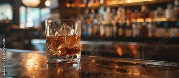 Fototapeta Elegant whiskey served with ice on a bar counter in a moody setting, embodying the concept of drink art.