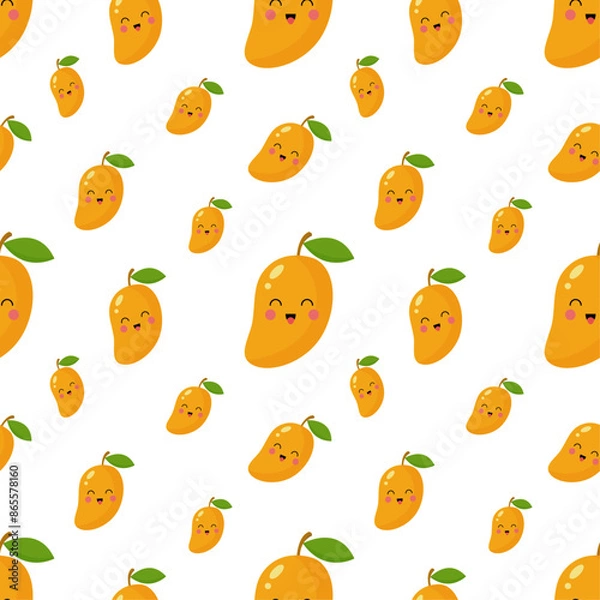Obraz Seamless pattern with mangos, yellow bananas,and juicy strawberries on mint green background. Cute vector background. Bright summer fruits illustration. Fruit mix design for fabric and decor.