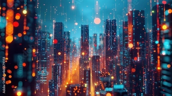 Fototapeta A futuristic cityscape with neon lights and a purple sky is vibrant and energetic scene