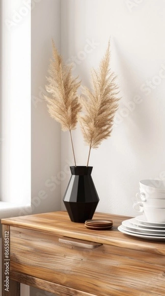 Fototapeta A white teacup and saucer set rests on a wooden tabletop, accompanied by a vase of greenery. The vase features a geometric design